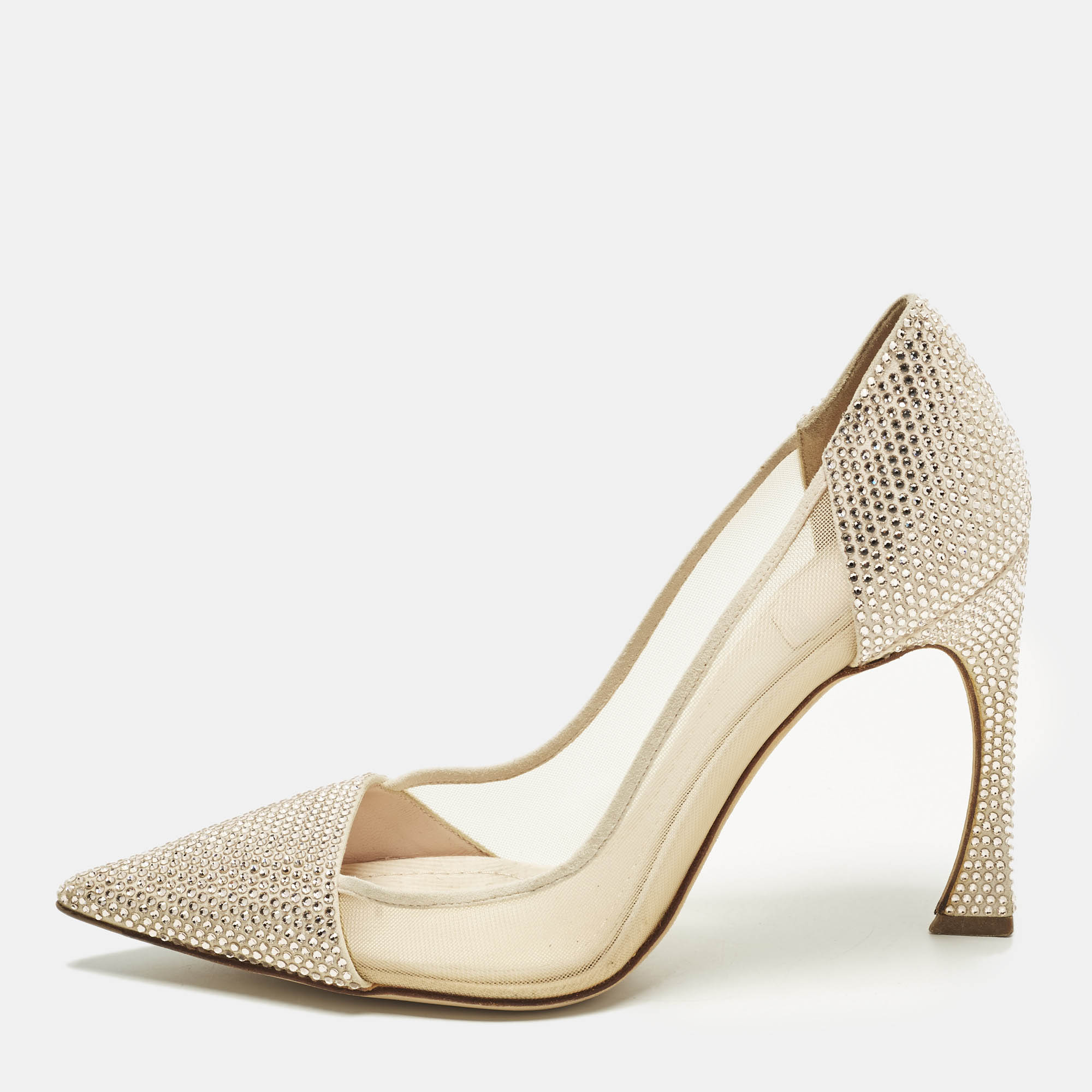 

Dior Size  Beige Crystal Embellished Suede And Mesh Pointed Toe Pumps