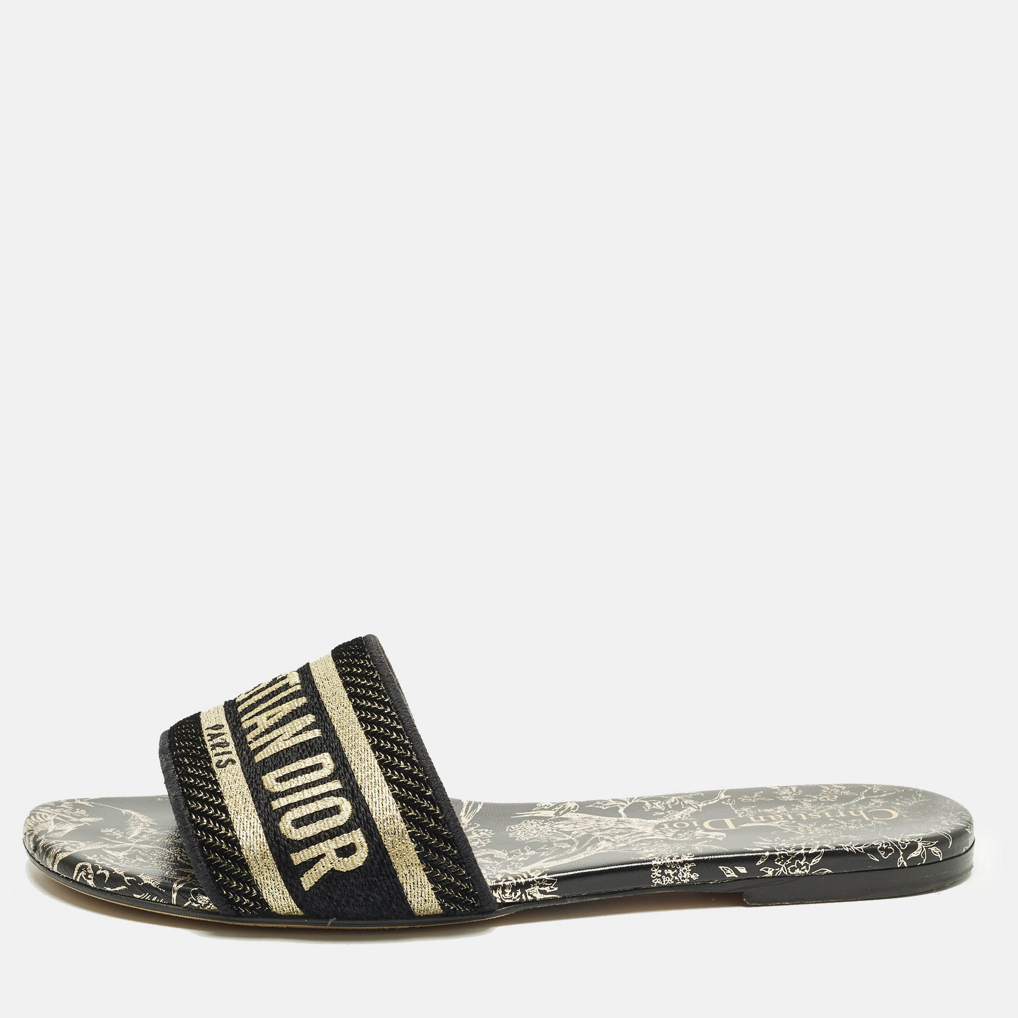 

Dior Dway Size  Black/Gold Embroidered Canvas Flat Slides
