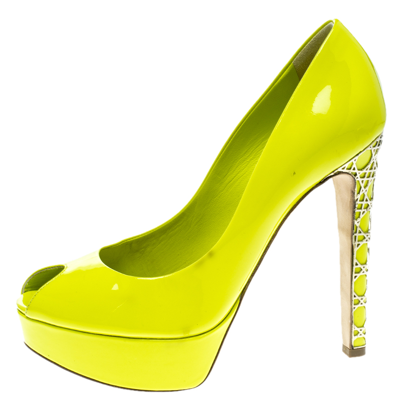 

Dior Lime Green Patent Leather Peep Toe Cannage Heel Platform Pumps Size