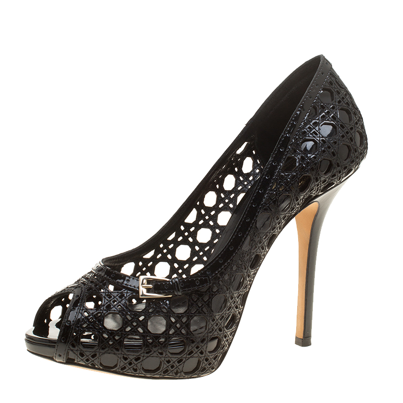 Dior Black Cannage Patent Leather Miss Dior Cut Out Peep Toe Platform Pumps Size 38.5