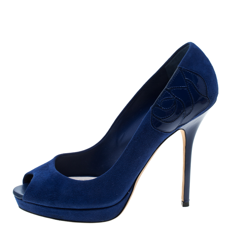 

Dior Blue Suede and Patent Leather Miss Dior Peep Toe Platform Pumps Size