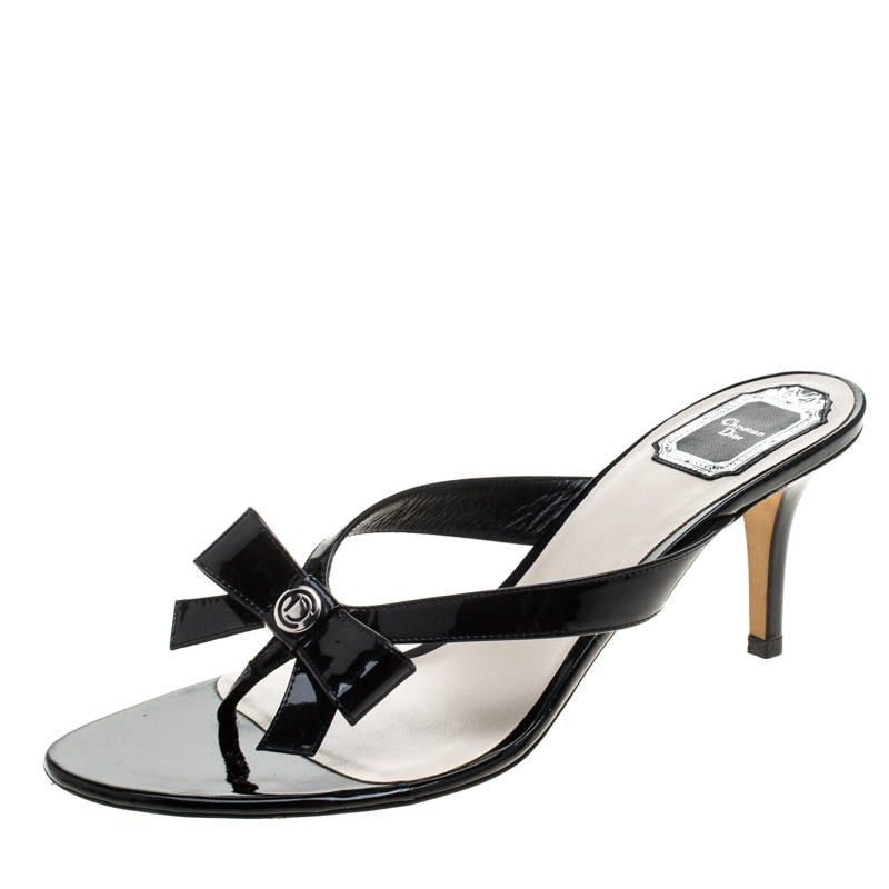 Dior Black Patent Leather Bow Sandals Size 41