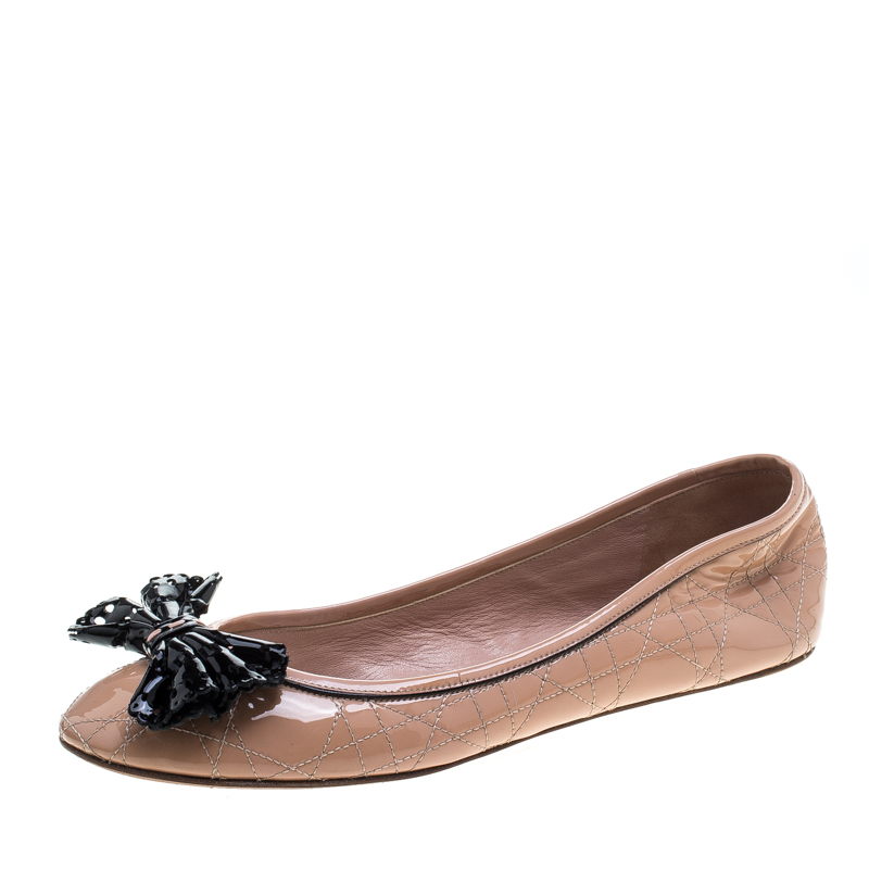 Pre Owned Dior Beige Patent Cannage Leather Bow Detail Ballet Flats Size 41