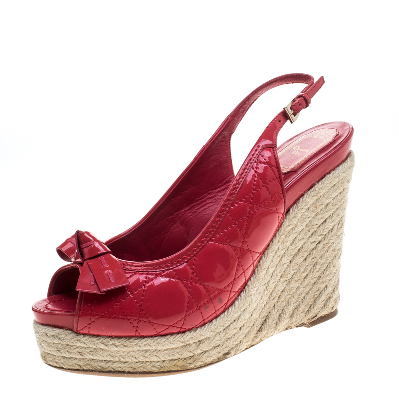 Dior Coral Red Patent Cannage Leather Espadrille Wedge Peep Toe Slingback Sandals Size 40