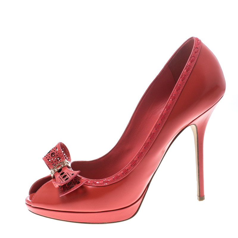 

Dior Coral Leather Bow Peep Toe Platform Pumps Size, Red