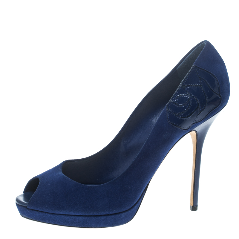 

Dior Blue Suede and Patent Leather Miss Dior Peep Toe Platform Pumps Size