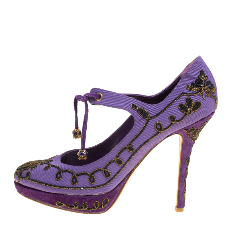 

Dior Purple Embroidered Canvas and Suede Platform Pumps Size