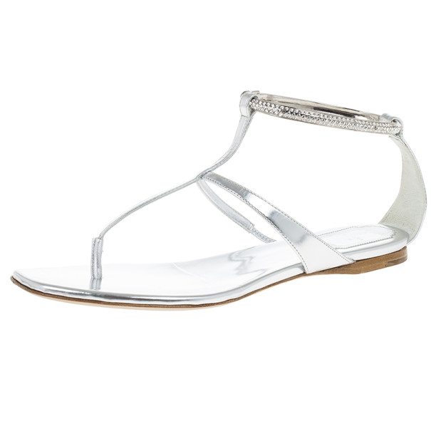 مملوكة مسبقًا Dior Silver Embellished T Strap Sandals Size 37