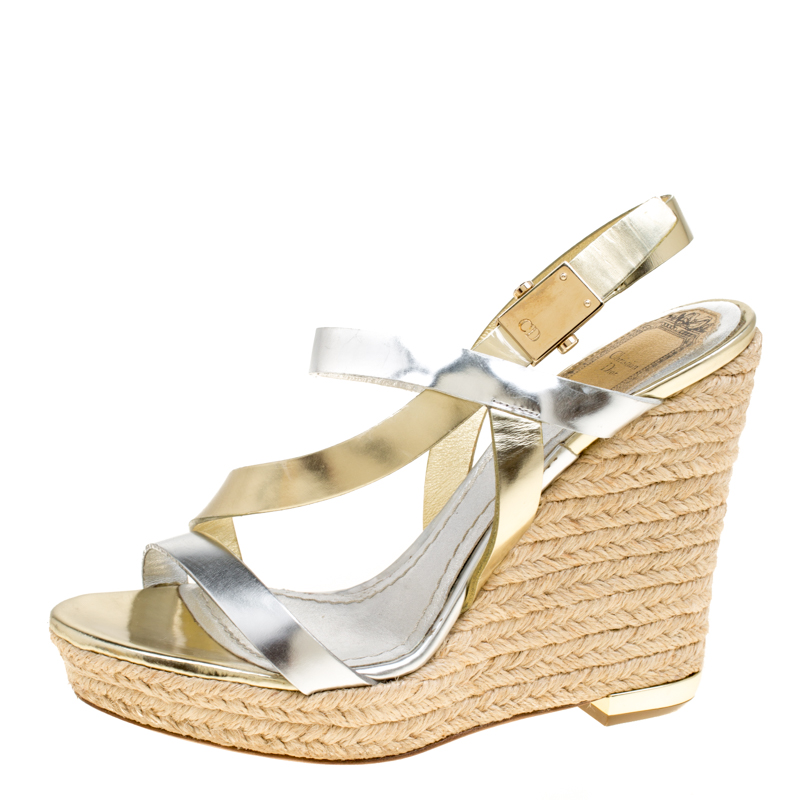 

Dior Metallic Mirror Leather Cross Strap Espadrille Wedge Platform Sandals Size