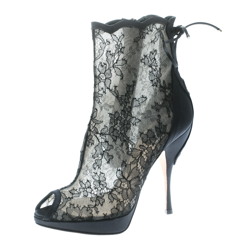 مملوكة مسبقًا Dior Black Lace And Satin Mock Lace Up Peep Toe Ankle Booties Size 36