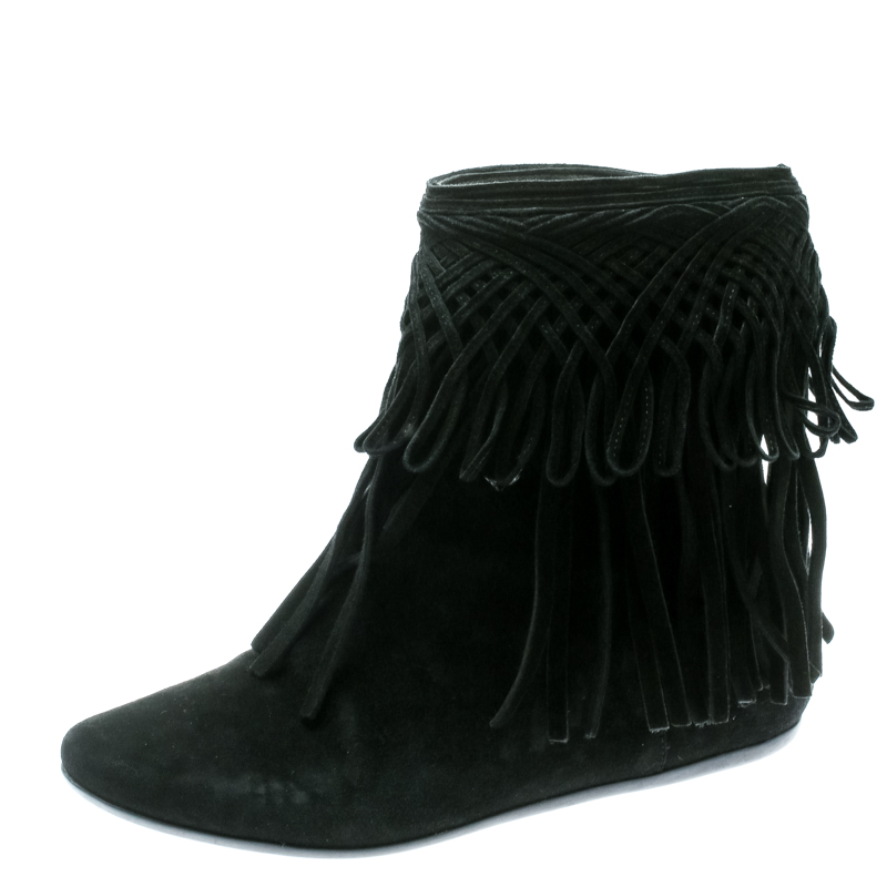 Pre Owned Dior Black Suede Fringe Ankle Length Booties Size 35.5