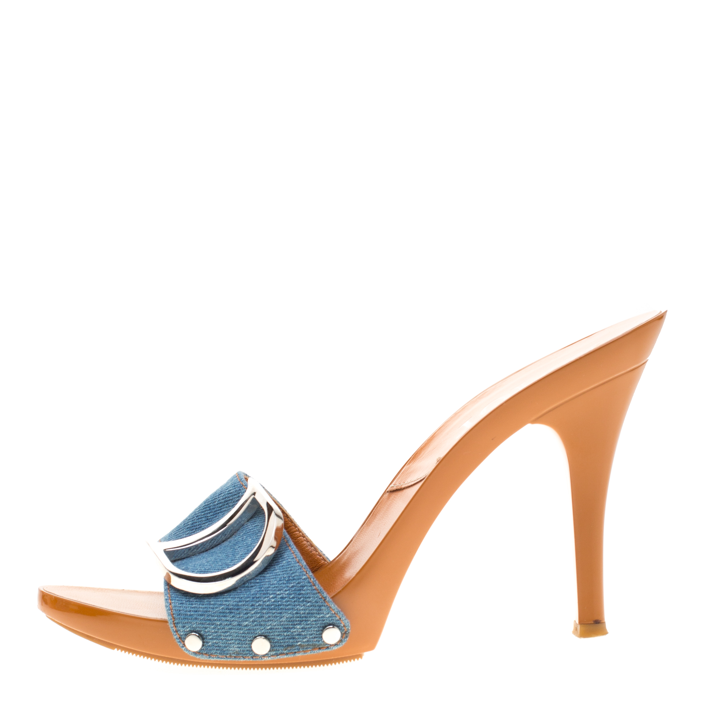 

Dior Light Wash Denim Butterfly Embroidery Open Toe Slides Size, Blue
