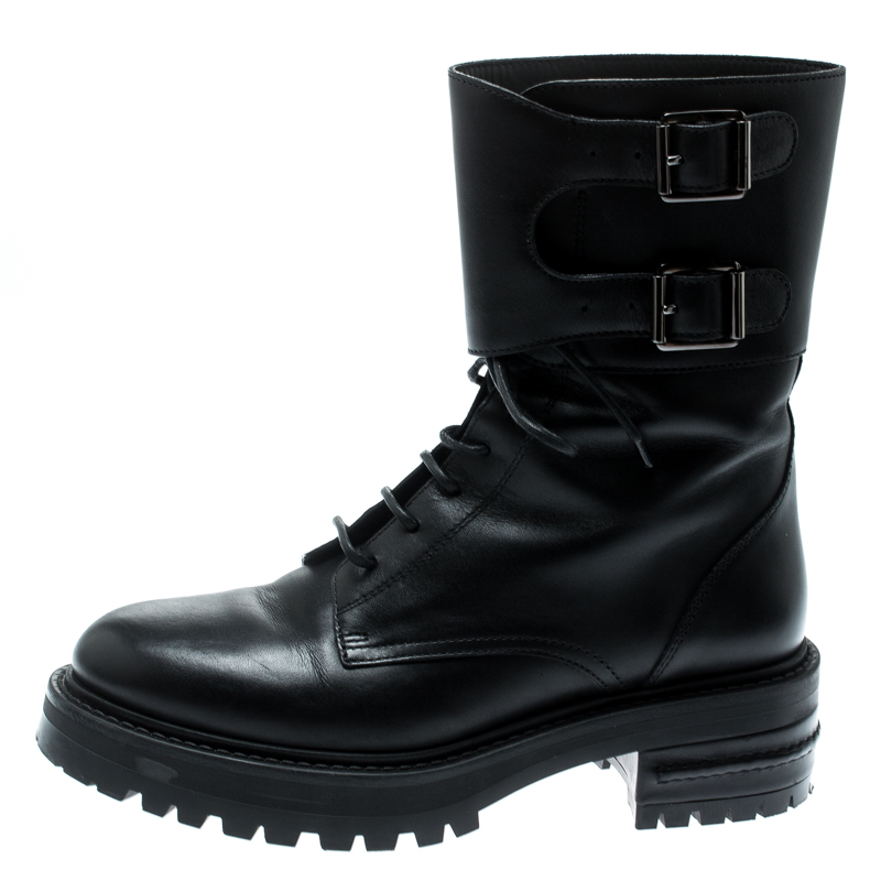Dior Black Leather D Fight Combat Boots 