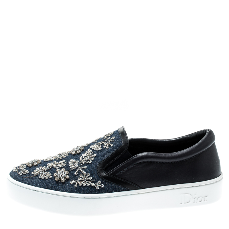 

Dior Indigo Crystal Embellished Dark Wash Denim And Leather Happy Slip On Sneakers Size, Blue