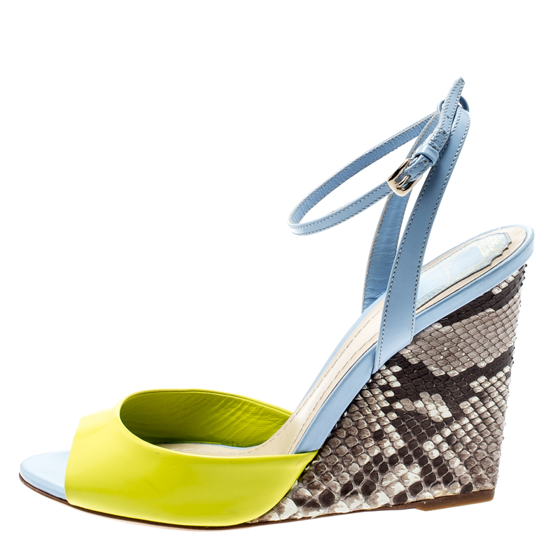 

Dior Multicolor Leather And Python Leather Wedge Ankle Wrap Sandals Size