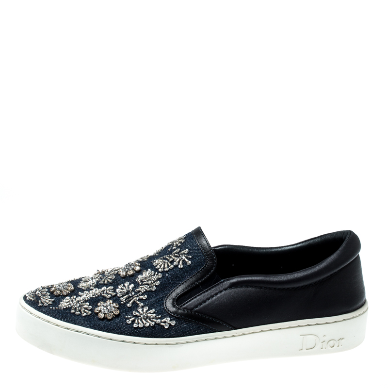 

Dior Indigo Crystal Embellished Dark Wash Denim And Leather Happy Slip On Sneakers Size, Blue