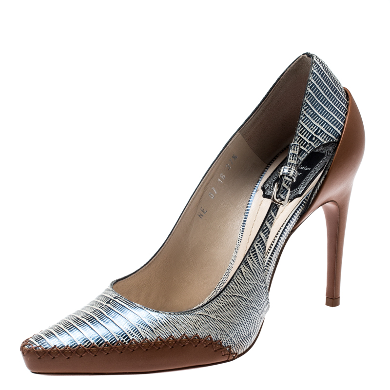 Pre Owned Dior Tricolor Lizard Embossed Leather Dior Native Cut Out Pointed Toe Pumps Size 37.5