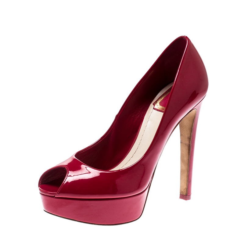Dior Pink Patent Leather Miss Dior Peep Toe Platform Pumps Size 37