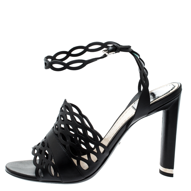 

Dior Black Laser Cut Leather Tattoo Ankle Wrap Sandals Size