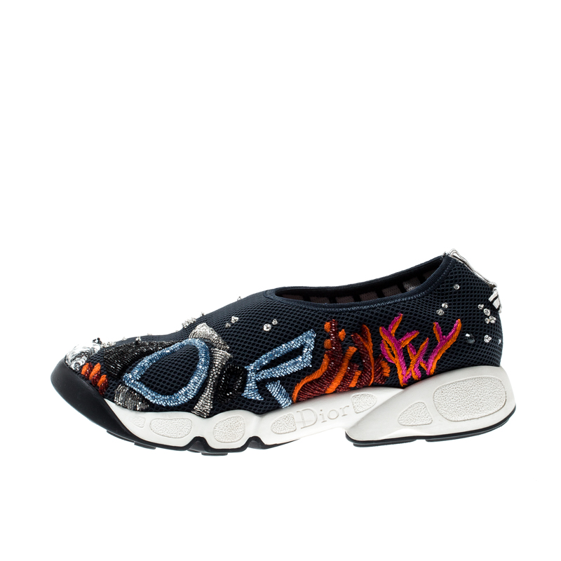 

Dior Navy Blue Mesh Ocean Embellished Slip On Sneakers Size
