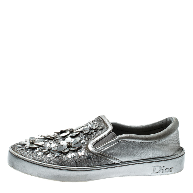 

Dior Metallic Silver Glitter Leather Dior Happy Floral Embellished Slip On Sneakers Size