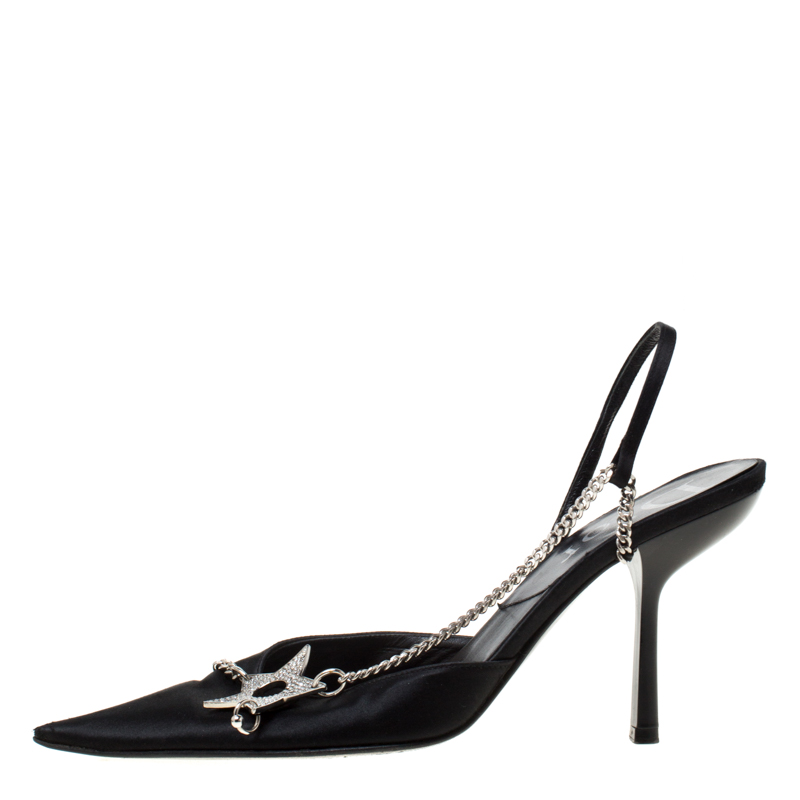 

Dior Black Satin Star Embellished Pointed Toe Slingback Sandals Size