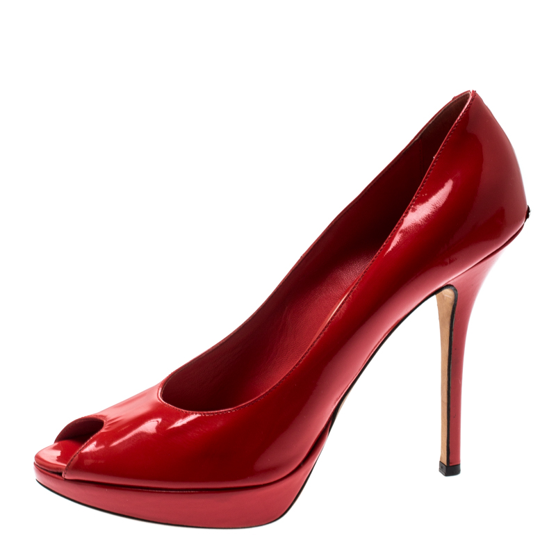 

Dior Corail Patent Leather Peep Toe Platform Pumps Size, Red