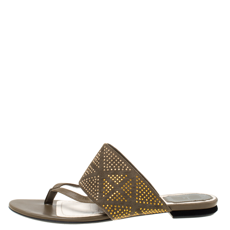 

Dior Military Green Embellished Suede Flat Sandals Size