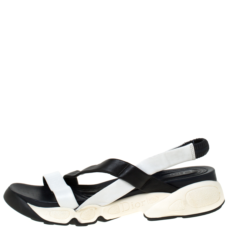 

Dior Black/White Leather Cross Strap Slingback Flat Sandals Size