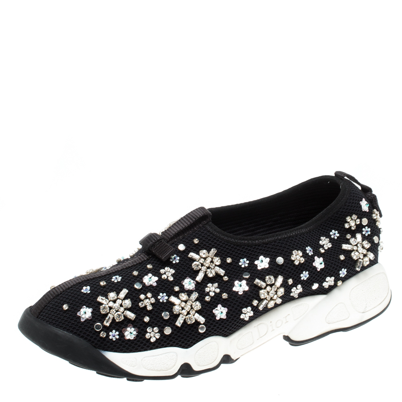 Pre Owned Dior Black Floral Embellished Mesh Fusion Slip On Sneakers Size 37