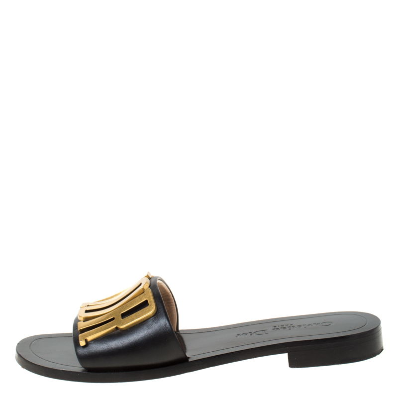 

Dior Black Leather Diorevolution Flat Slides Size