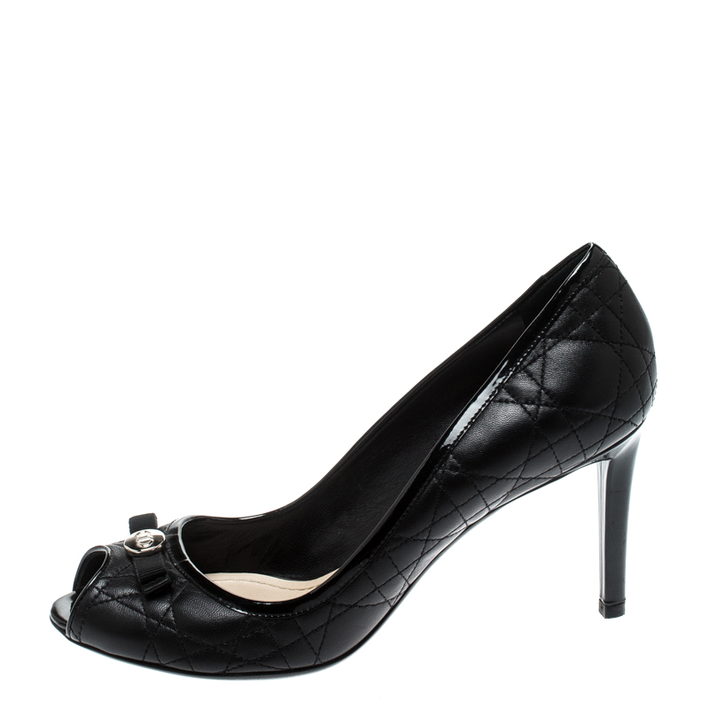 

Dior Black Cannage Leather Bow Peep Toe Pumps Size