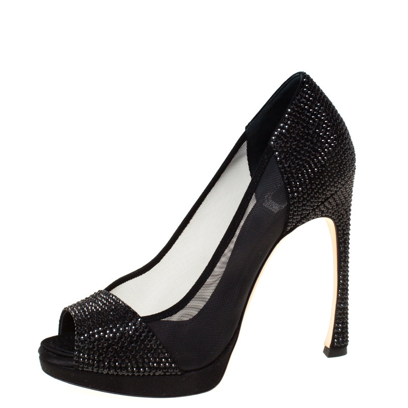 

Dior Black Crystal Embellished Satin and Mesh Peep Toe Pumps Size