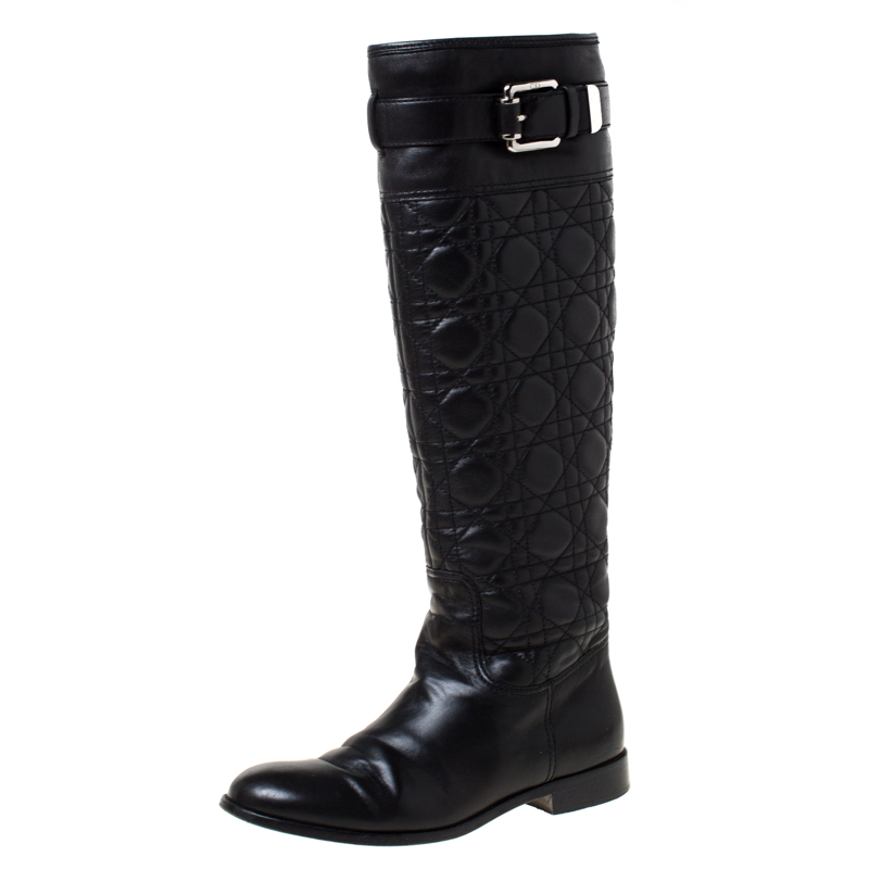 Pre Owned Dior Black Cannage Leather Buckle Knee Length Boots Size 36
