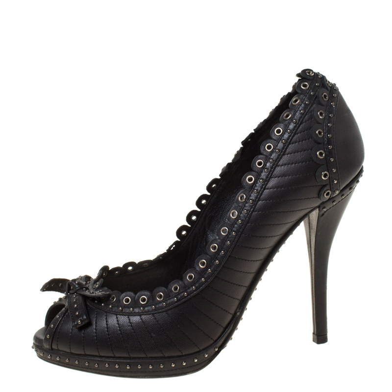 

Christain Dior Black Leather Studded Peep Toe Pumps Size