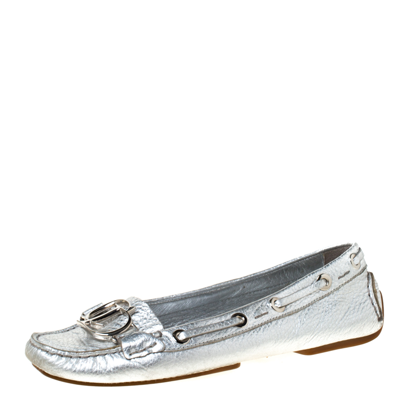Christian Dior Metallic Silver Leather Logo Slip On Loafers Size 38