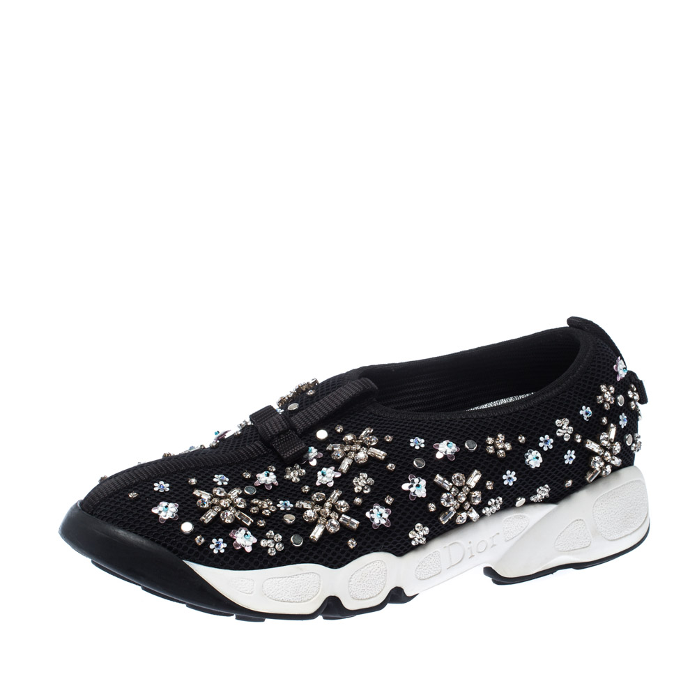 Dior Black Mesh Fusion Crystal Embellished Slip On Sneakers Size 36.5