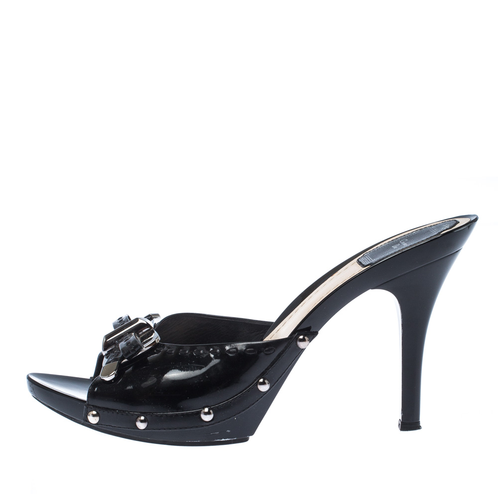 

Dior Black Patent Leather Bow Open Toe Sandals Size