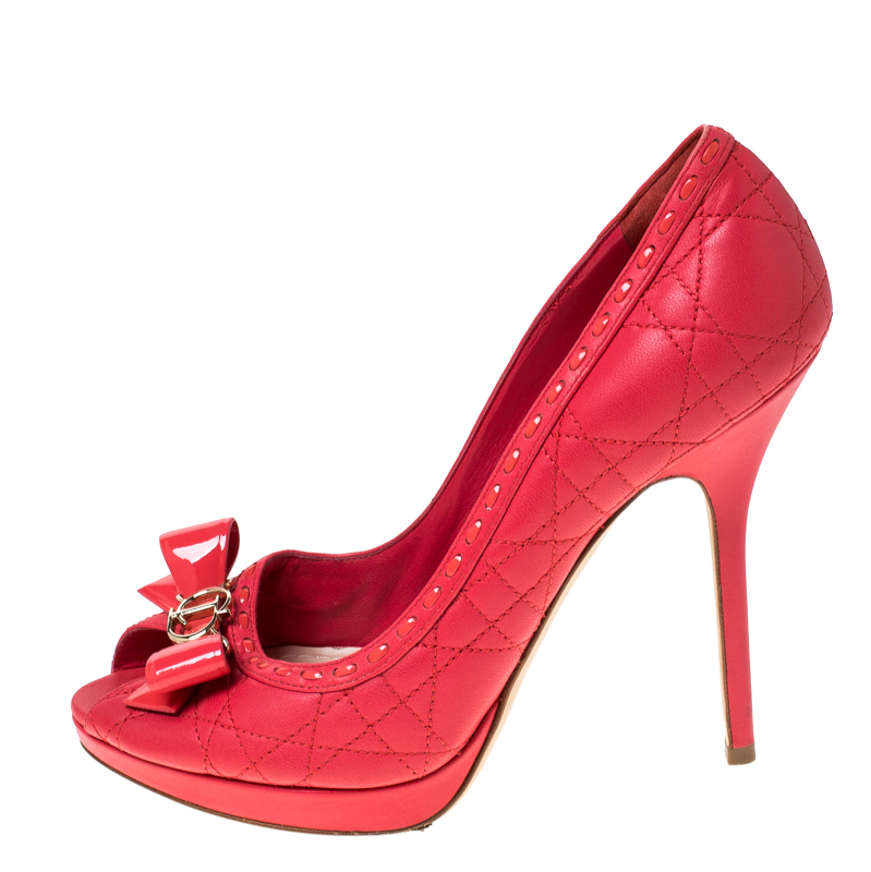 

Dior Coral Pink Cannage Leather Peep Toe Bow Pumps Size