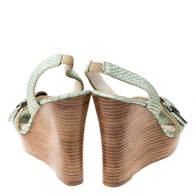 Pre-owned Dior Christian  Green Python Slingback Wedge Platform Sandals Size 38