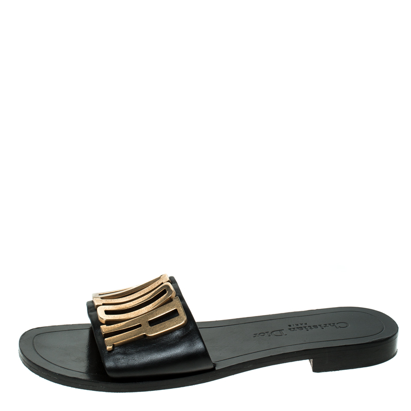 Dior Black Leather Logo Flat Sandals 