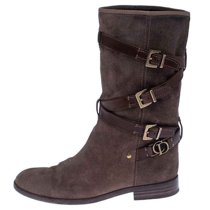 

Dior Brown Suede/Leather Buckle Detail Mid Calf Boots Size