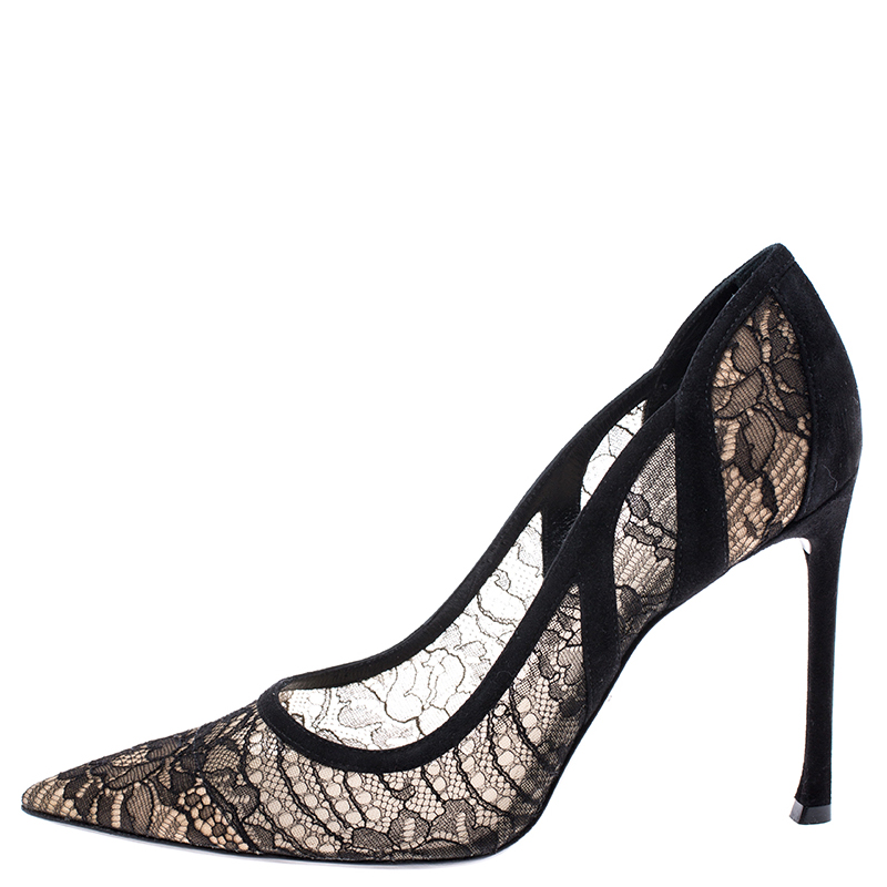 

Dior Black Chantilly Lace And Suede Pointy Toe High Pumps Size