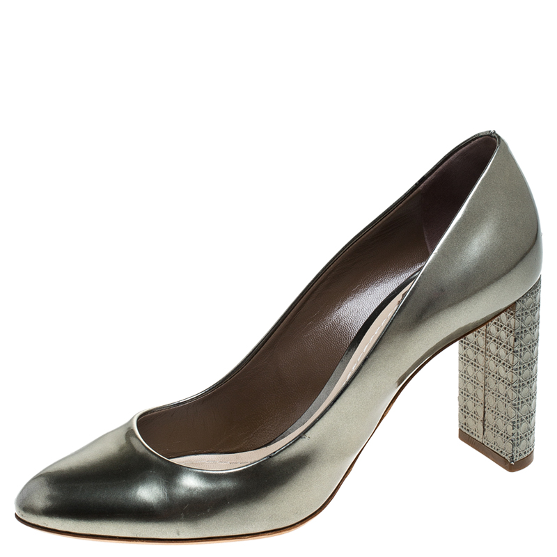 Dior Metallic Grey Patent Leather Cannage Heel Pumps Size 39