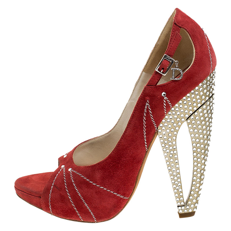 

Dior Red Embroidered Suede Crystal Embellished Heel Open Toe Folies Pumps Size