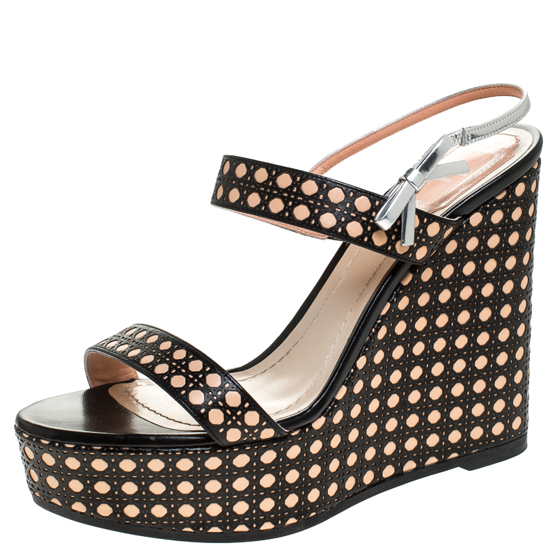 Pre Owned Dior Tricolor Cannage Leather Wedge Platform Strappy Sandals Size 38