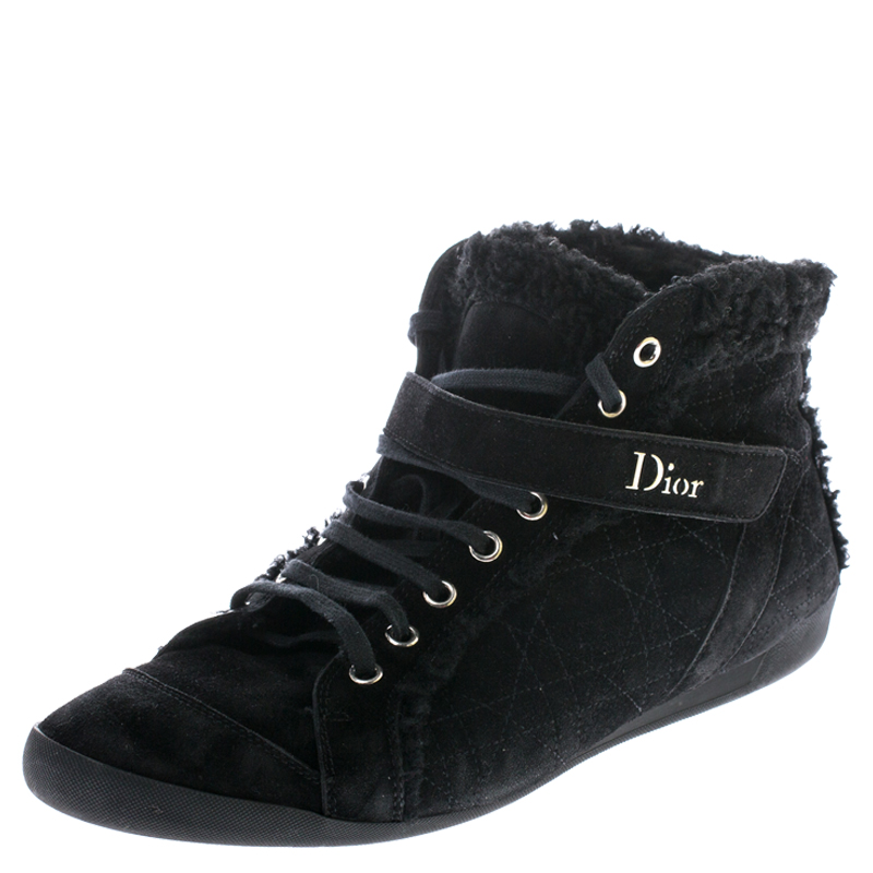 مملوكة مسبقًا Dior Black Suede And Wool Trim Lace Up High Top Sneakers Size 41