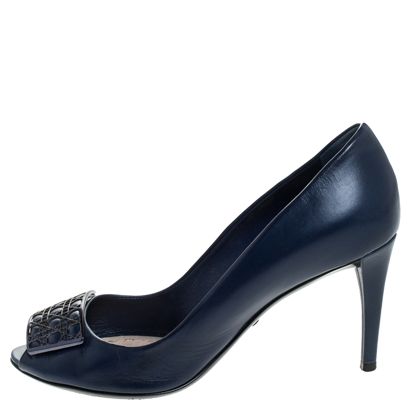 

Dior Blue Leather Cannage Metal Bow Peep Toe Pumps Size