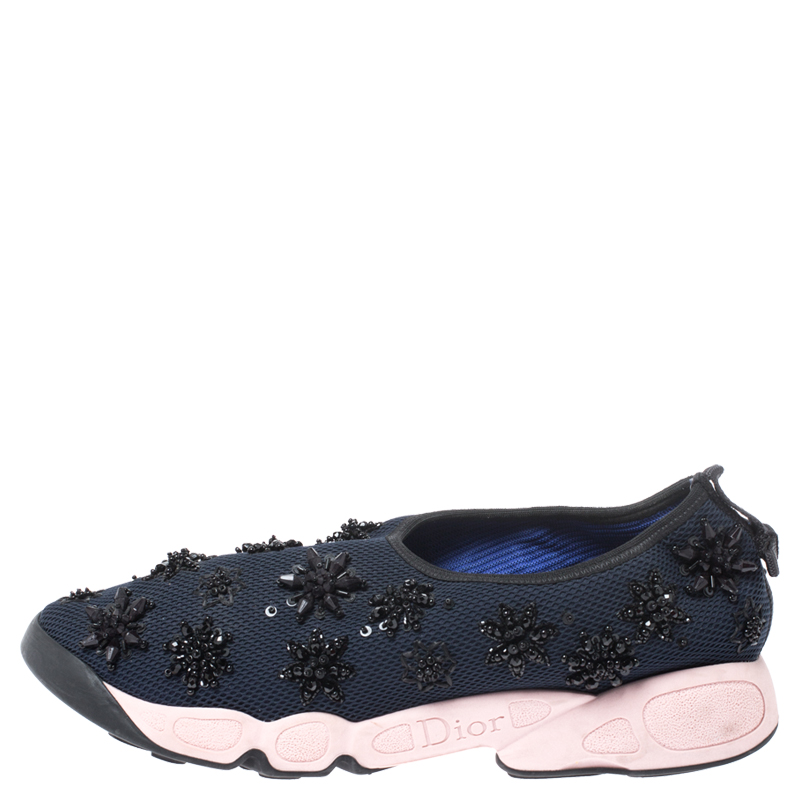 

Dior Navy Blue/Pink Floral Embellished Mesh Fusion Slip On Sneakers Size