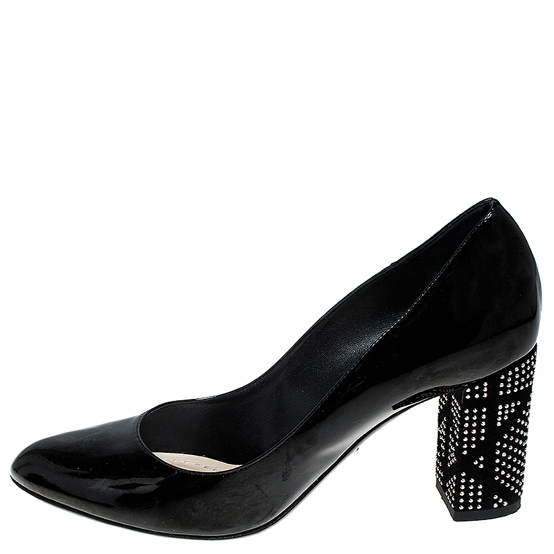 

Dior Black Patent Leather Embellished Block Heel Pumps Size